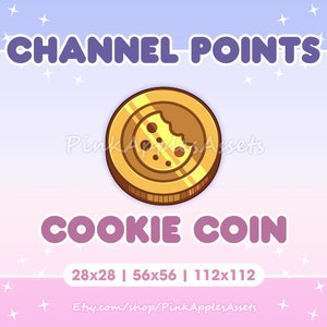 Könnte beinhalten: Digitalgrafik mit einer goldenen Cookie-Münze mit einem Biss, vor einem pastellfarbenen lila und blauen Hintergrund. Die Texte "CHANNEL POINTS" und "COOKIE COIN" sind oberhalb und unterhalb der Münze zu sehen.