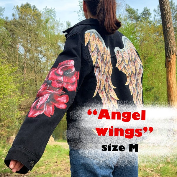 Custom denim jacket with hand painting. "Angel Wings". Red and gold Wings.Black  jeansjacke. Festival clothes. Painting of clothes to order.