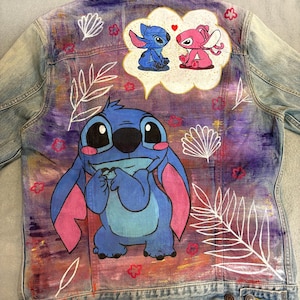 Painted denim jacket “Stitch in love”. Custom denim jacket. Handmade jacket. Jacket for gift.