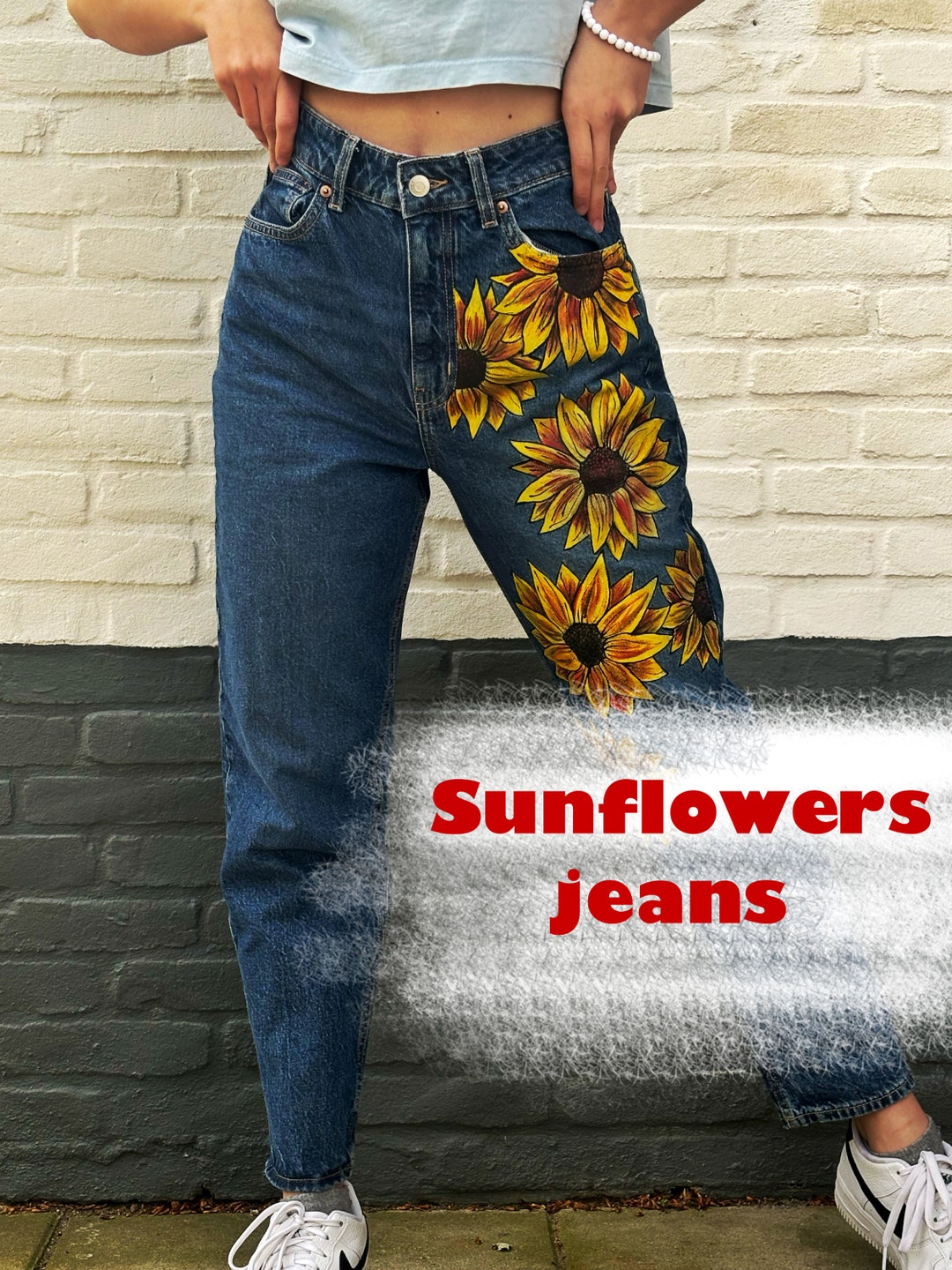 Custom Jeans to Order. sunflowers Jeans. Custom Pants. Painting of