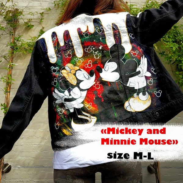 Custom denim jacket with hand painting. "Mickey and Minni Mouse". Black  jeansjacke. Festival clothes. Painting of clothes to order.