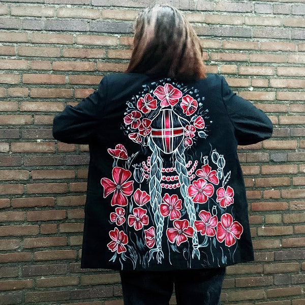 Custom with hand painting. Ukrainian Motanka jacket with poppies. Black  jeansjacke. Festival clothes. Painting of clothes to order. Size M