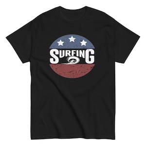 Surfing T-Shirt - Vintage Beach Vibes Unisex classic tee (Distressed USA Flag Colors, Summer Vibes)