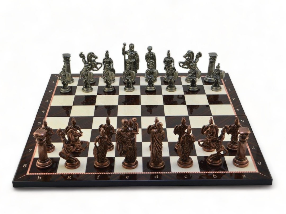 Large Metal ROMA Chess Set With Foldable Walnut Pattern MDF Board 43x43 ...