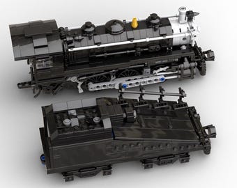 Könnte beinhalten: Ein schwarzes LEGO-Modell einer Dampflokomotive mit einem Tenderwagen. Die Lokomotive hat einen schwarzen Kessel, eine schwarze Führerkabine und einen silbernen Schornstein. Der Tenderwagen ist ebenfalls schwarz und hat einen schwarzen Kohlebunker.