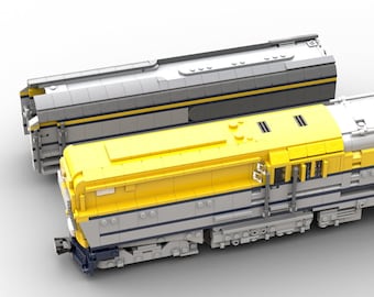 Könnte beinhalten: Ein gelber und grauer LEGO-Zugg mit einem schwarzen und blauen Unterwagen. Der Zug hat ein gelbes Dach mit zwei Lüftungsschlitzen und einen schwarzen Streifen, der entlang der Seite verläuft. Der Zug steht auf einer weißen Oberfläche.