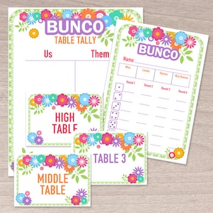 Printable Bunco Set with Flowers Design - Bunco Score Cards, Bunco Tallies, Bunco Markers