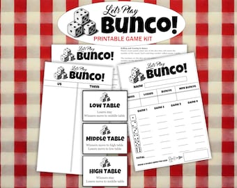 Laten we Bunco spelen! Afdrukbare gamebundel | Bunco-scorebladen - Bunco Table Tallies - Bunco-tafelkaarten - Regelblad
