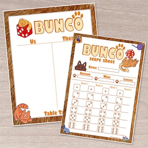 Cute Bunco Cats Design - Printable Bunco Score Cards and Table Tallies