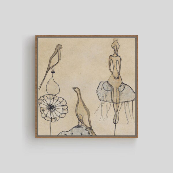 Woman and Birds Abstract Wall Art, Framed Canvas Print, Contemporary Art, Neutral Color Art, Calming Home Decor, Minimalist, Family Gift