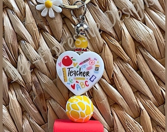 Teacher Keychain: Daisy Charm, Heart Bead, Lobster Clasp