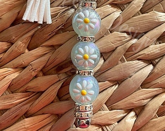 Handmade Iridescent Daisy Bead Keychain with Flower Charm