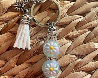 Handmade Iridescent Daisy Bead Keychain with Flower Charm