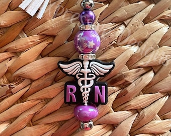 Handmade Purple RN Keychain: Rhinestones, Star Bead & Tassels