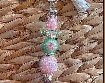 Handmade Tulip Keychain: Iridescent Beads, Butterfly Charm