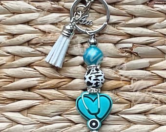 Handmade Physician Keychain: Heart Stethoscope Charm, Cow Print Bead