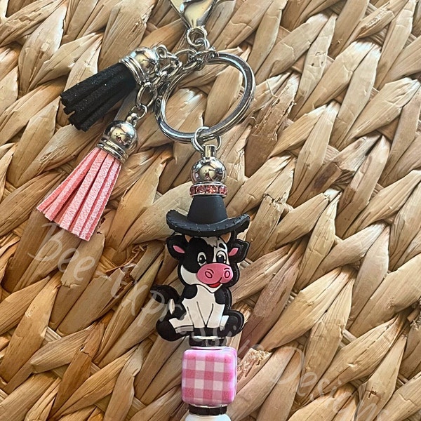 Handmade, silicone COW with cowboy hat keychain! Lobster clasp, metal keychain, a black cowboy hat, acrylic square pink gingham bead