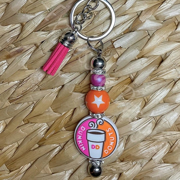 Adorable, handmade DUNKIN DONUTS keychain! Interchangeable bar, lobster claw clasp, rhinestone spacers, acrylic bead with star, wood bead