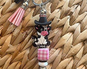 Beaded Cow Keychain: Cowboy Hat, Gingham Bead & Tassel