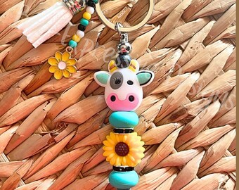 Handmade Sunflower Cow Beaded Keychain: Interchangeable Charm with Tassel