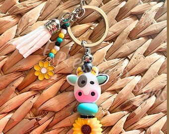 Handmade Sunflower Cow Beaded Keychain: Tassel, Daisy Charm