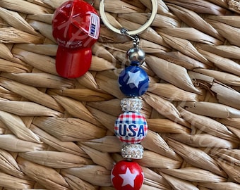 Handmade TRUMP beaded keychain! Metal ball cap, wood beads w/stars, lobster clasp, bead bar, red white blue beads, USA, rhinestone spacers