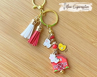 Farm Animal Keychain: Red Barn, Cow, Pig & Duck Charms