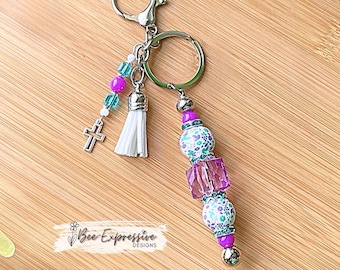 Handmade Beaded Keychain: Acrylic Hexagon, Wood Flower Beads, Cross Charm