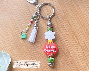 Handmade Christmas Keychain: Beaded Tassel, Snowflake & Tree Charm