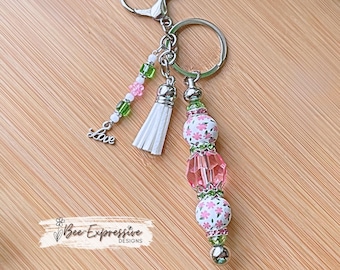 Handmade Beaded Tassel Keychain: Acrylic Hexagon, Wood Flower Beads, LOVE Charm