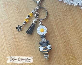 Handmade Silicone Daisy Flower & Bumble Bee Keychain: Beaded Tassel