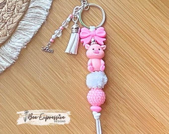 3D Pig Keychain: Beaded Tassel, Rhinestone & Silicone Bow
