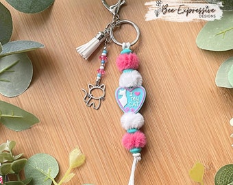 Handmade Beaded Cat Keychain: Fuzzy Beads & Charm