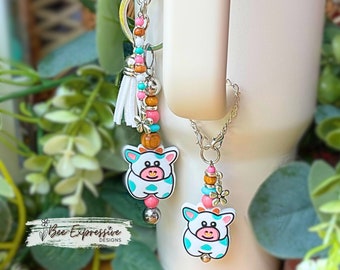 Cow Keychain & Tumbler Charm Set: Beaded Tassel, Daisy Charms