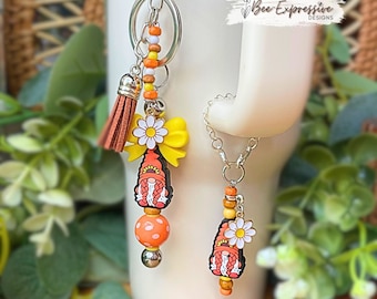 Girl Gnome Keychain & Tumbler Charm Set: Beaded Tassel, Daisy Charm