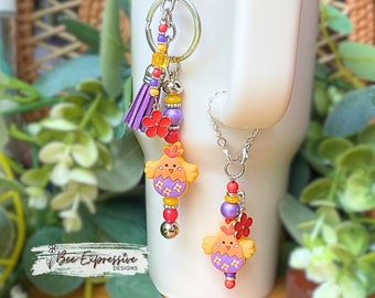 Handmade Chicken Keychain & Tumbler Charm Set: Beaded Tassel, Flower Charms