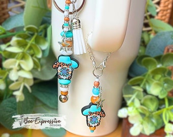 Handmade Western Gnome Keychain & Tumbler Charm Set: Beaded Tassel, Star Charm