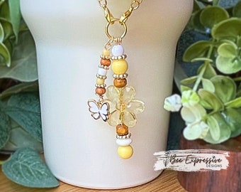 Beaded Daisy Tumbler Chain: Butterfly Charm, Acrylic Tassel