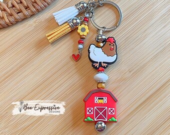 Handmade Red Barn Chicken Keychain: Beaded Tassel Charm
