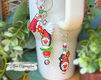 Strawberry Gnome Keychain & Tumbler Charm Set: Beaded Tassel, Daisy