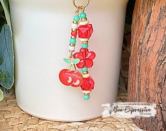 Handmade Cherry Tumbler Charm Chain: Acrylic Flower Beaded Tassel