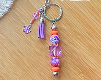 Handmade Beaded Keychain: Acrylic Hexagon, Purple Daisy Charm