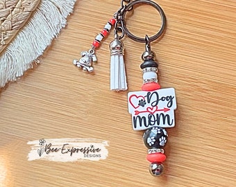 Dog Mom Beaded Keychain: Paw Print Charm, Rhinestone Accents