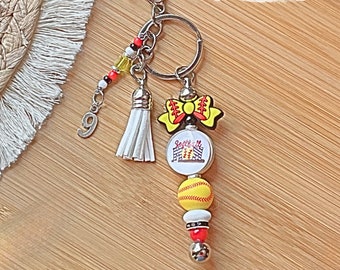 Handmade Softball Mom Keychain: Beaded Tassel, Jersey Number Charm