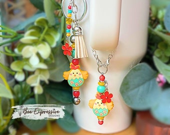 Handmade Chicken Keychain & Tumbler Charm Set: Beaded Tassel, Flower Charms