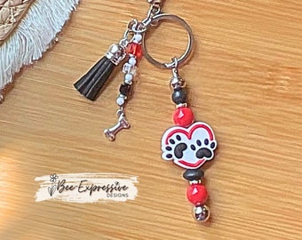 Handmade Dog Paw Print Heart Keychain: Beaded Tassel, Lobster Clasp