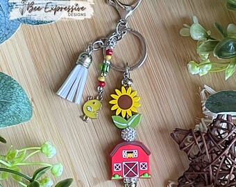 Handmade Farm Barn Keychain: Sunflower, Chicken Charm & Beaded Tassel