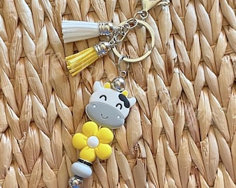 Handmade Cow & Daisy Beaded Keychain: Silver Lobster Clasp with Tassels