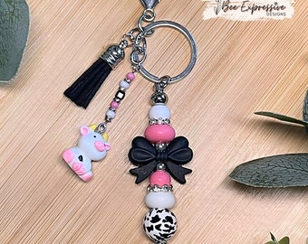 Handmade Cow Keychain: Beaded Tassel, Silicone Bow, Rhinestone Charm