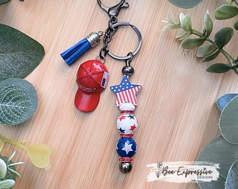 Handmade, beaded keychain! Lobster clasp, Make America Great Again metal ball cap, wood beads w/stars, red white blue beads, STAR bead!